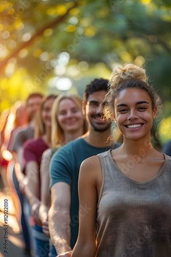 People of many nationalities standing together smiling conveys the that ethnic diversity can live together peacefully, making the world bright and beautiful, just like the color tones of the picture.