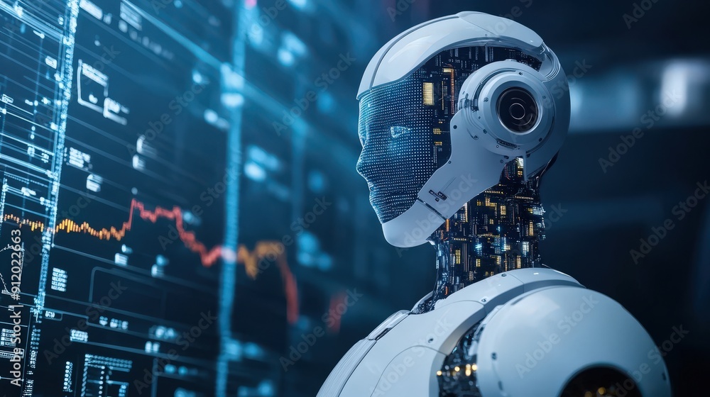 A futuristic robot's head with a digital display in the background. A futuristic robot's head with a digital display in the background.