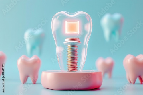 Stepbystep holographic guide for endosteal implant with anesthesia, futuristic clinic, soft pastels, 3D rendering photo