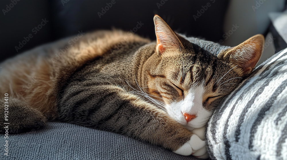 A cat curled up in a sunny spot on the couch. A cat curled up in a sunny spot on the couch.