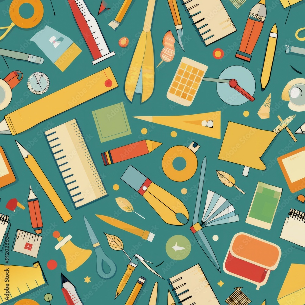 seamless pattern of school supplies like rulers, scissors, and glue seamless pattern of school supplies like rulers, scissors, and glue