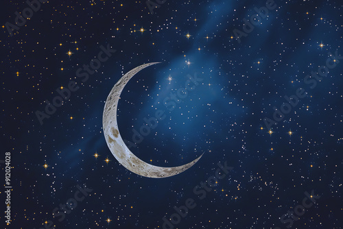 glowing crescent moon and stars in a night sky