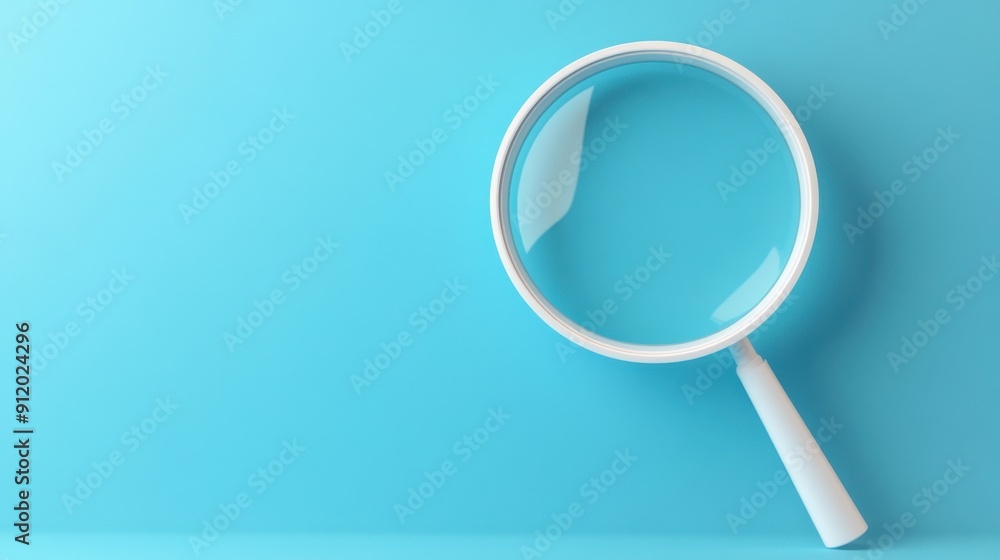 White magnifying glass on a blue background with ample copy space, rendered in 3D for clarity. White magnifying glass on a blue background with ample copy space, rendered in 3D for clarity.