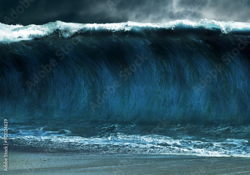 Fototapeta Naklejka Na Ścianę i Meble -  Tsunami stormy sea waves on sand beach, Thunderstorm background