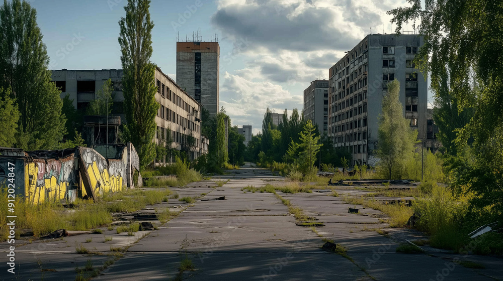 An abandoned and overgrown cityscape with signs of past nuclear devastation. An abandoned and overgrown cityscape with signs of past nuclear devastation.