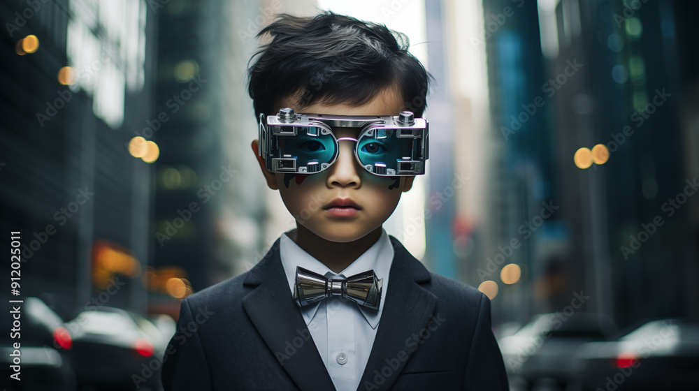 An Asian child wearing smart glasses, navigating through a virtual business meeting. An Asian child wearing smart glasses, navigating through a virtual business meeting.