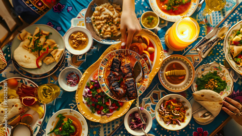 overhead view of a beautifully arranged iftar meal with various dishes