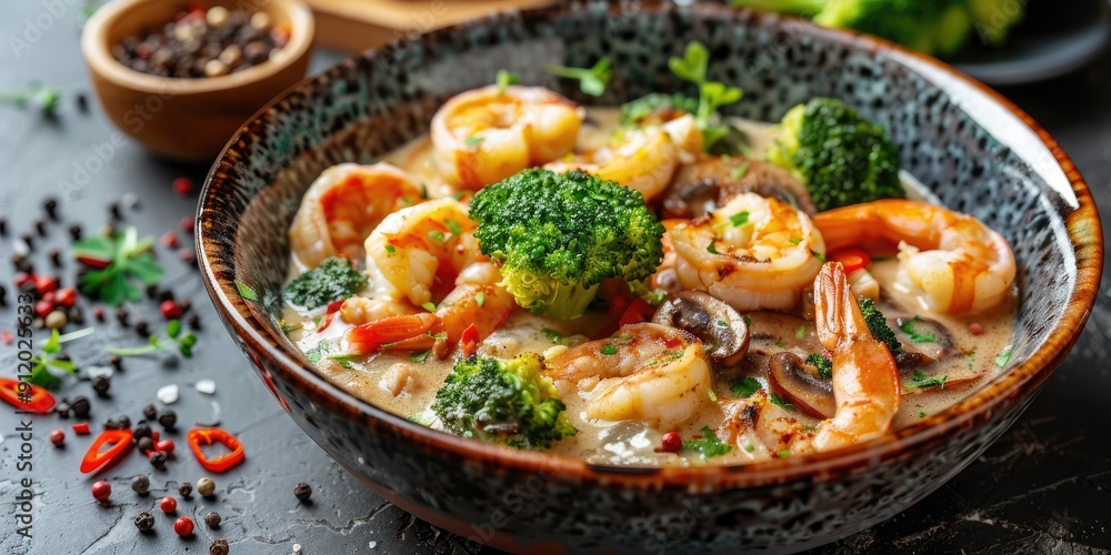 Creamy shrimp dish with mushrooms broccoli and mixed vegetables Nourishing meal Creamy shrimp dish with mushrooms broccoli and mixed vegetables Nourishing meal