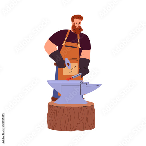 Blacksmith man strikes iron piece on the anvil using hammer, vector cartoon professional farrier character hard working