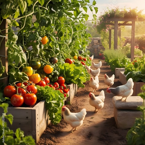 vegetable garden with chickens roaming freely