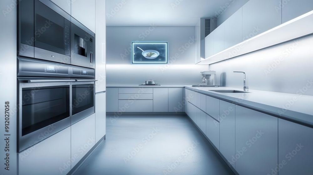 Smart home kitchen with automated appliances, 3D holographic cooking assistant, sleek and functional design, future technology Smart home kitchen with automated appliances, 3D holographic cooking assistant, sleek and functional design, future technology