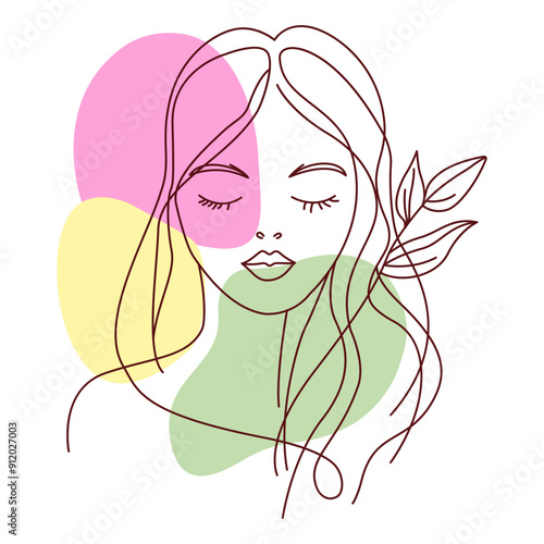 Beautiful Girl Face with Nature Leaves Plant for Natural Beauty Care in Line Art Style