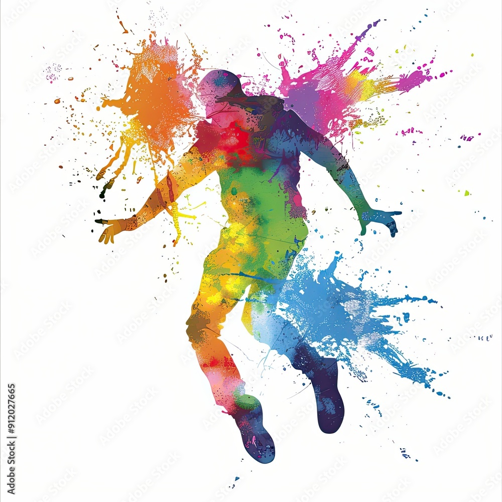 A person leaping with arms up is captured in a dynamic watercolor style, with bright and colorful splashes creating a sense of joy and energy on a white background. A person leaping with arms up is captured in a dynamic watercolor style, with bright and colorful splashes creating a sense of joy and energy on a white background.