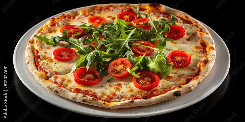 Mozzarella Pizza topped with Sauce Tomatoes and Fresh Salad Leaves Mozzarella Pizza topped with Sauce Tomatoes and Fresh Salad Leaves