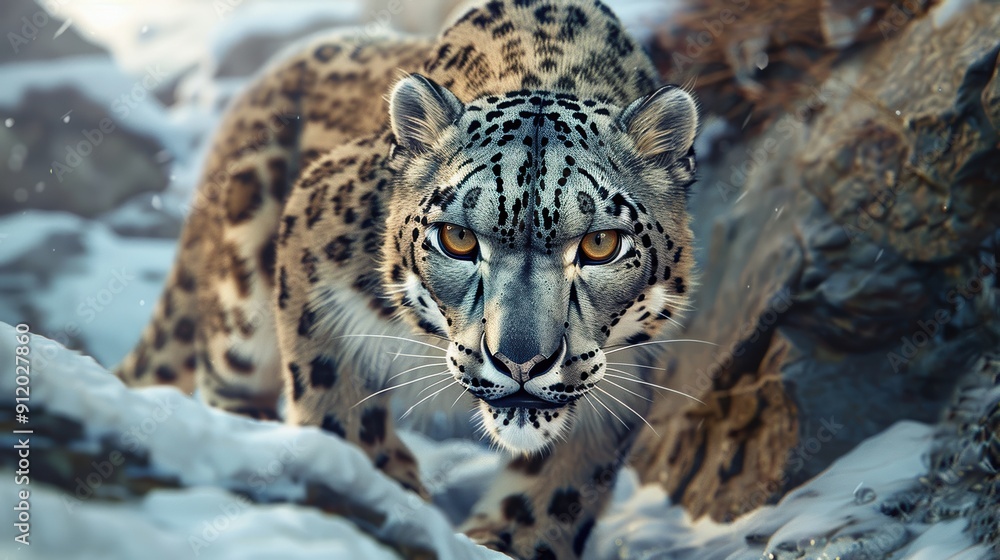 Fototapeta premium snow leopard prowls through a frozen landscape, its piercing eyes scanning the surroundings. This close-up captures the power and beauty of this elusive big cat in its natural habitat.