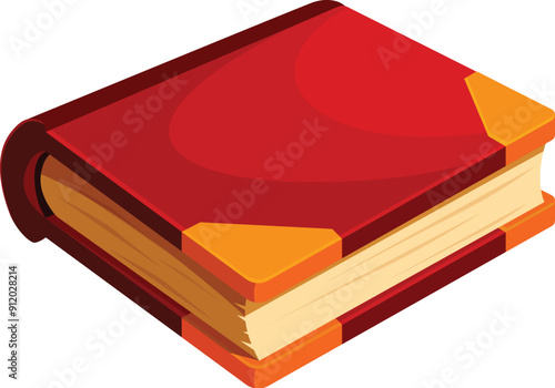 Red book with golden pages lying open on a white background