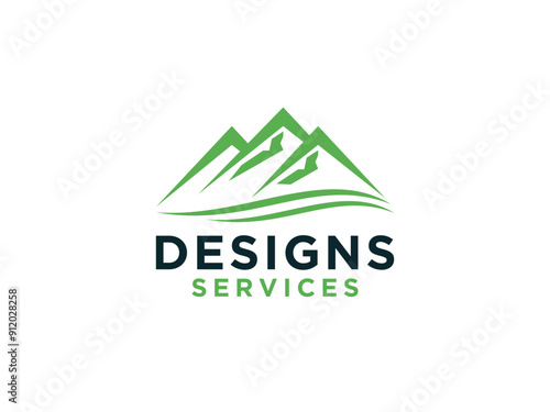 Abstract Mountain Logo with River Wave isolated on White Background.