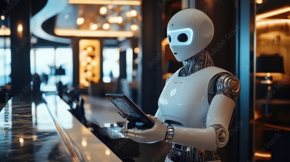 White humanoid robot holding a tablet in a modern setting White humanoid robot holding a tablet in a modern setting