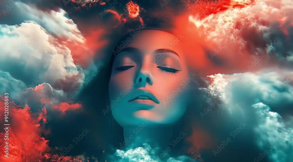 Cloud-Filled Digital Scene of a Woman Surrounded by Ethereal Clouds - Dreamlike Animation for Visual Art and Creative Projects Cloud-Filled Digital Scene of a Woman Surrounded by Ethereal Clouds - Dreamlike Animation for Visual Art and Creative Projects