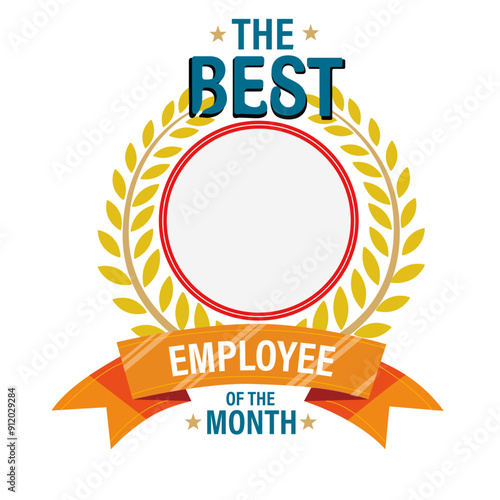An award badge for the best employee of the month with a laurel wreath and a ribbon banner.