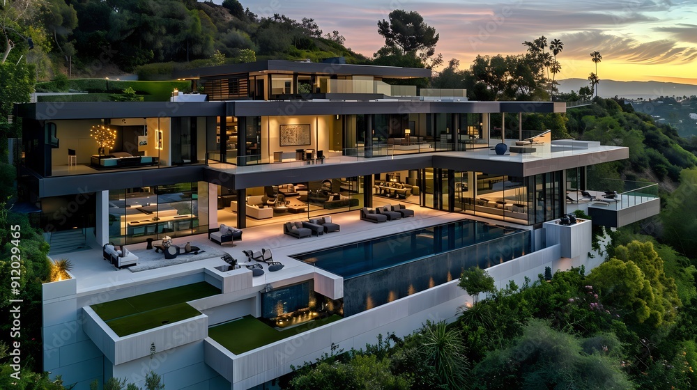 Fototapeta premium Luxury Home Boasts Infinity Pool, City Views, and Lush Landscaping in the Hollywood Hills