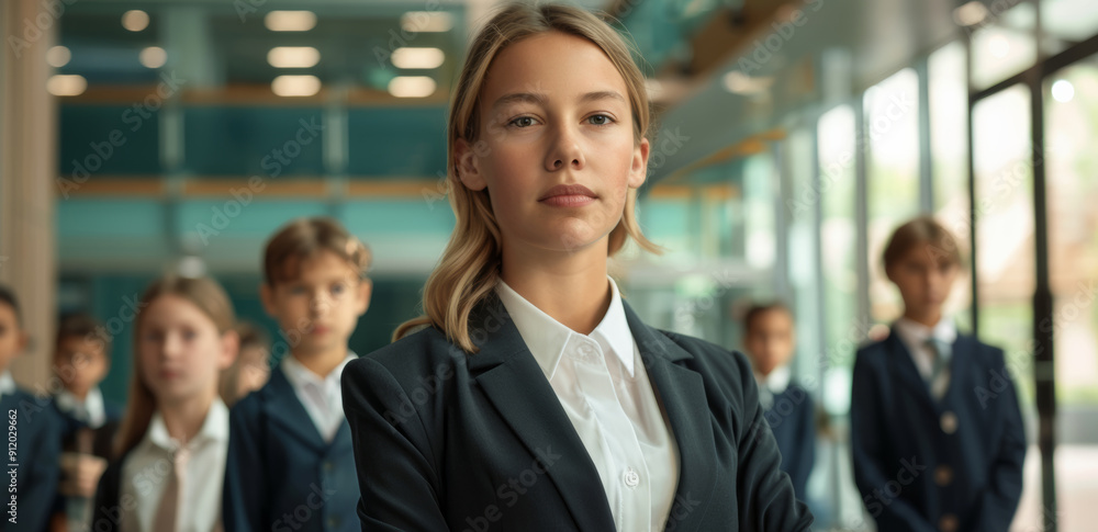 Young Girl in professional attire standing in an office, looking confident. Their serious expressions and the modern setting reflect their focus on future success and leadership. Young Girl in professional attire standing in an office, looking confident. Their serious expressions and the modern setting reflect their focus on future success and leadership.