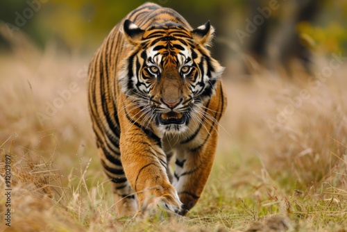 A fierce tiger prowls through the tall grass, its intense gaze locked on its prey. This powerful image captures the raw strength and majesty of this apex predator in the wild. photo