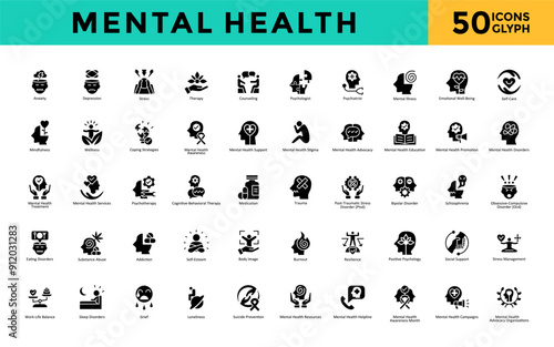 Mental Health icon set with anxiety, depression, stress, therapy, counseling, psychologist, psychiatrist, mental illness, emotional well-being icon. Simple glyph vector 
