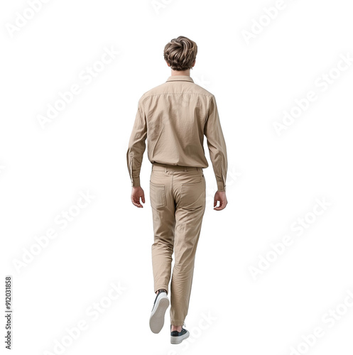 Back view of man walking, isolated on transparent background.