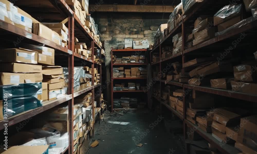 Aisle of Cardboard Boxes in a Dusty Warehouse Aisle of Cardboard Boxes in a Dusty Warehouse