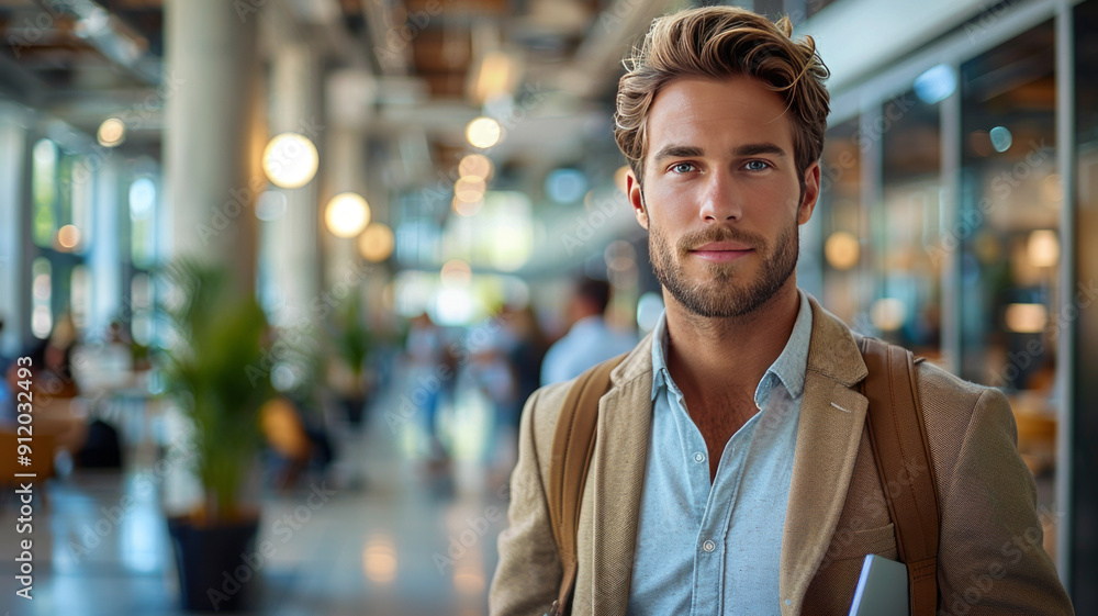 a young man walking into an office in his first day at work; everybody is greeting him, welcoming him.generative ai a young man walking into an office in his first day at work; everybody is greeting him, welcoming him.generative ai