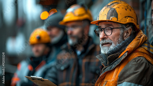 a geotechnical engineer speaking with construction foremen at a new building site. The engineer is holding a clipboard.generative ai