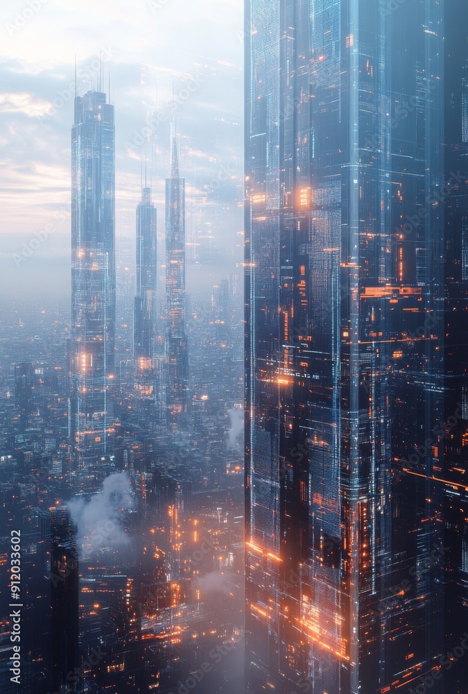 A futuristic cityscape featuring sleek skyscrapers with transparent data overlays and digital displays, creating a high tech, minimalistic aesthetic A futuristic cityscape featuring sleek skyscrapers with transparent data overlays and digital displays, creating a high tech, minimalistic aesthetic