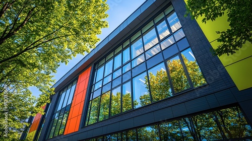 A building with a green and orange facade