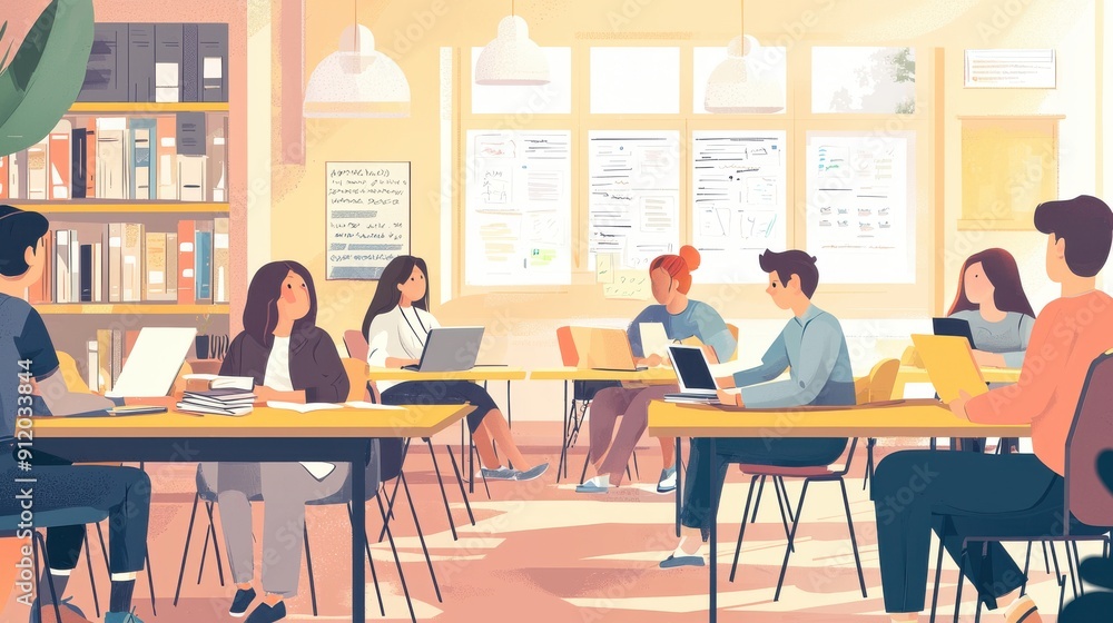 A group of adults attending a language class, engaging in interactive conversations and exercises, with books, notebooks, and digital learning tools spread across the tables in a bright classroom A group of adults attending a language class, engaging in interactive conversations and exercises, with books, notebooks, and digital learning tools spread across the tables in a bright classroom