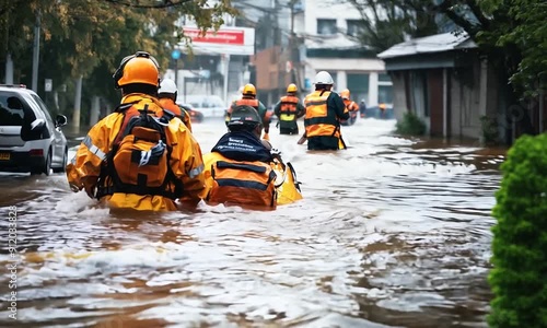 Rescue Workers Navigate Flooded Streets