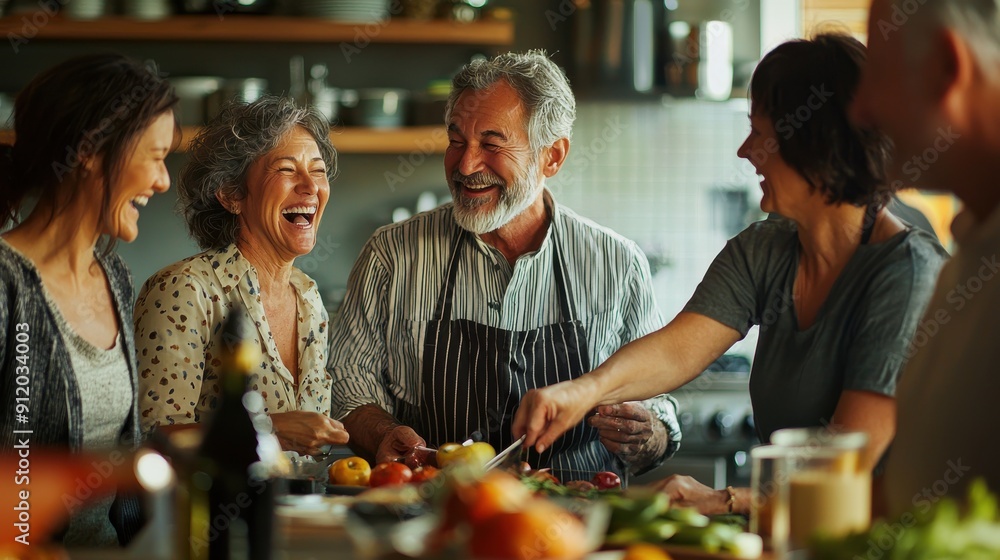 A lively group of middle-aged friends participating in a cooking class, surrounded by fresh ingredients and cooking utensils, sharing laughs and culinary tips in a cozy kitchen environment A lively group of middle-aged friends participating in a cooking class, surrounded by fresh ingredients and cooking utensils, sharing laughs and culinary tips in a cozy kitchen environment