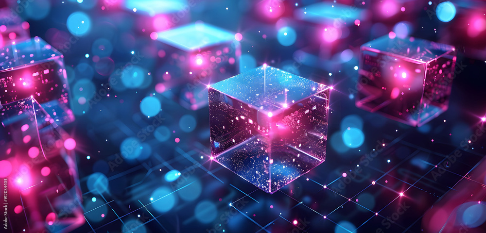 Abstract background with neon glowing digital blocks forming an illuminated maze, symbolizing the complexity of data and technology in business or science. Abstract background with neon glowing digital blocks forming an illuminated maze, symbolizing the complexity of data and technology in business or science.