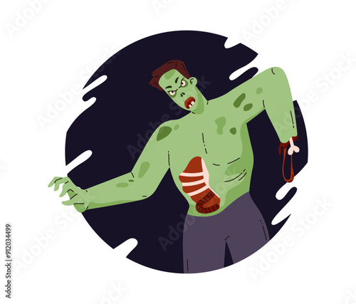 Creepy zombie man corpse, vector rotting cadaver guts falling out, walking dead, Halloween evil monster in round frame