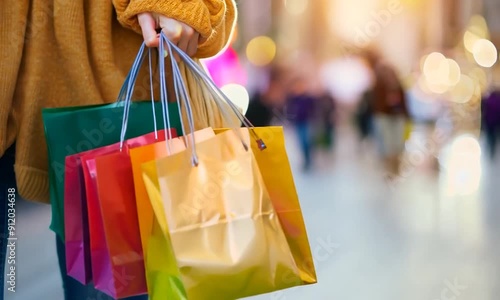 Woman holding shopping bags after a successful shopping spree