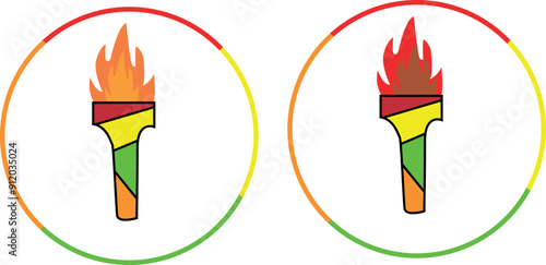 Summer olympic games. Paris 2024. Set of burning torches in olympic color with flame in round frame. Sticker, label, clip art, design element. International sport event.