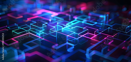 Abstract background with neon glowing digital blocks forming an illuminated maze, symbolizing the complexity of data and technology in business or science.