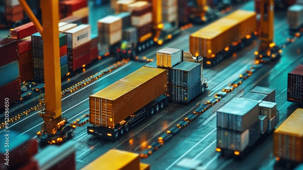 A Model Cargo Container Port with Trucks and Cranes A Model Cargo Container Port with Trucks and Cranes