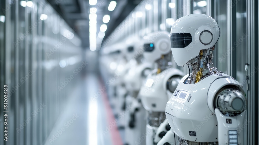 Row of White Robots in a Server Room Row of White Robots in a Server Room