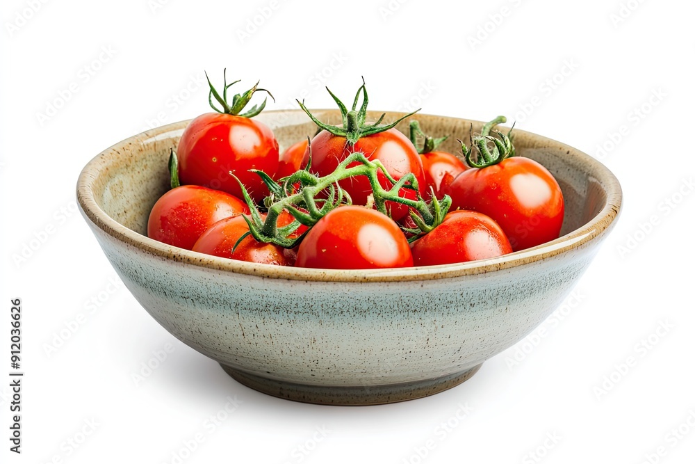 Ceramic bowl with garden-fresh tomatoes isolated on white background Ceramic bowl with garden-fresh tomatoes isolated on white background
