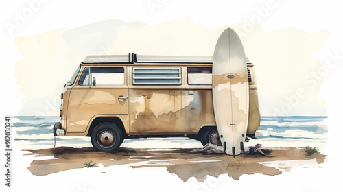 Vintage van with a surfboard by the ocean, perfect for beach and travel themes, evoking a sense of adventure and relaxation. photo