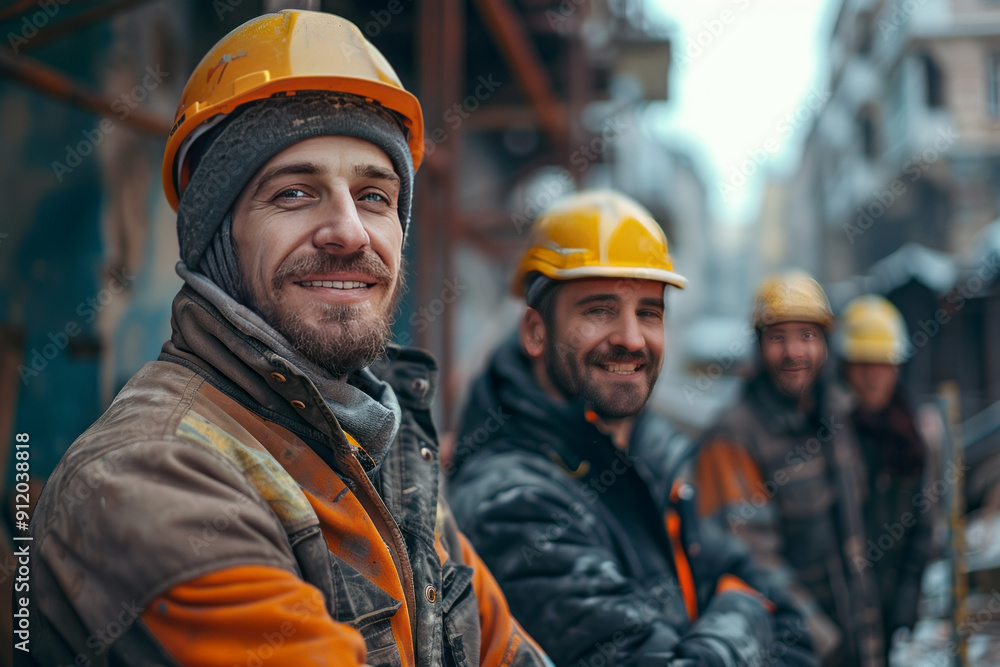 Portrait of smiling group of four construction workers in a small construction site,generative ai Portrait of smiling group of four construction workers in a small construction site,generative ai