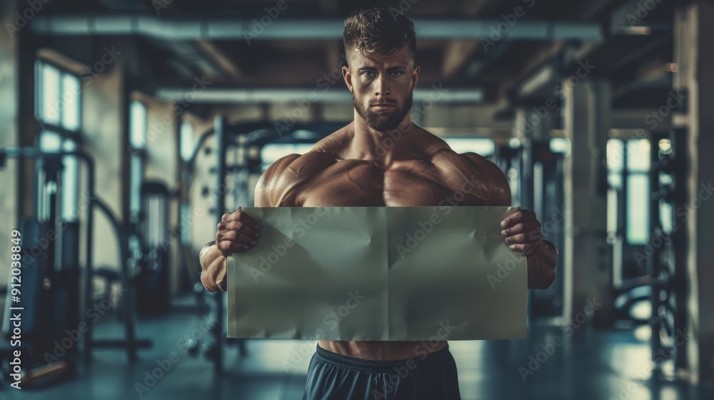 Muscular man holding a blank sign in a modern gym setting, emphasizing strength and fitness. Perfect for gym promotion and fitness motivation. Muscular man holding a blank sign in a modern gym setting, emphasizing strength and fitness. Perfect for gym promotion and fitness motivation.