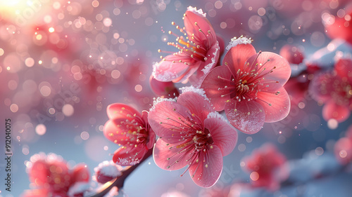 In winter, there are dense plum blossom trees with snow on their branches,generative ai