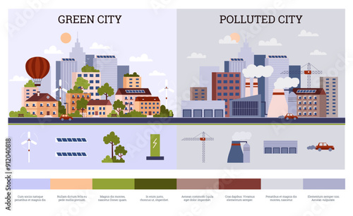 Eco friendly green city with parks, polluted city with factory plants smoking pipes, vector clean or dirty environment